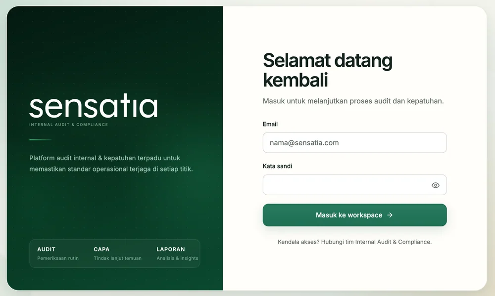 Halaman masuk platform audit dan compliance Sensatia